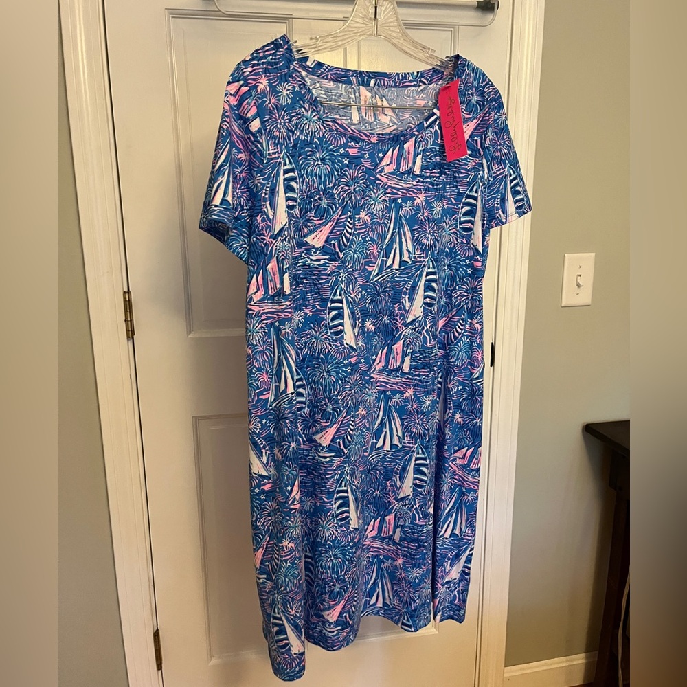 Lilly Pulitzer Cody Short Sleeve Dress Size L NWT Boca Blue It’s a Sailabration